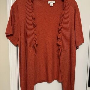 CJ Banks 3X Rust Orange Ruffle Knit Cardigan Short Sleeve Open Front